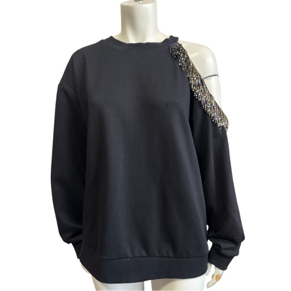 STELLAH asymmetrical black beaded fringe cold shoulder crew neck top women’s XL - Picture 5 of 13